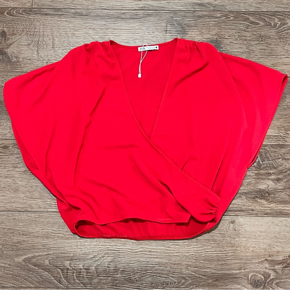 Zara Women's Vibrant Red Short Sleeve, Mock Wrap, Crop Top Blouse